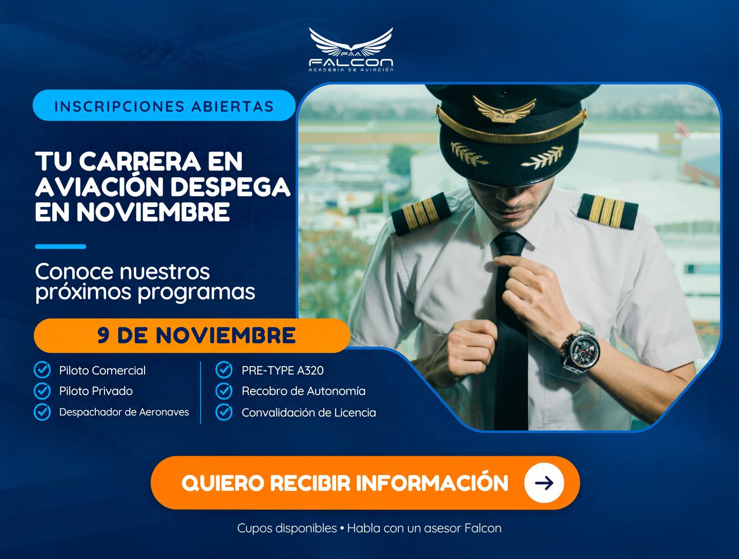 Próximo inicio de clases Falcon Academia de Aviación - 9 de noviembre